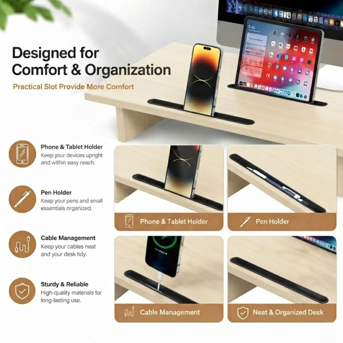 Dual Monitor Stand Riser Adjustable Length and Angle - Light Brown