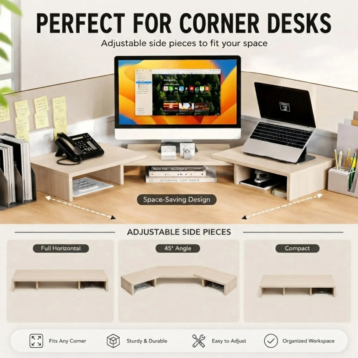 Dual Monitor Stand Riser Adjustable Length and Angle - Light Brown