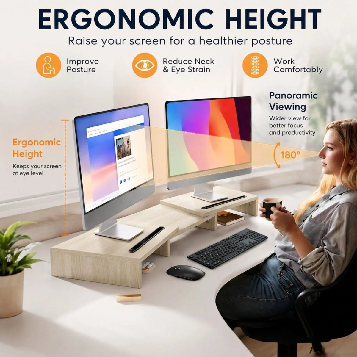 Dual Monitor Stand Riser Adjustable Length and Angle - Light Brown