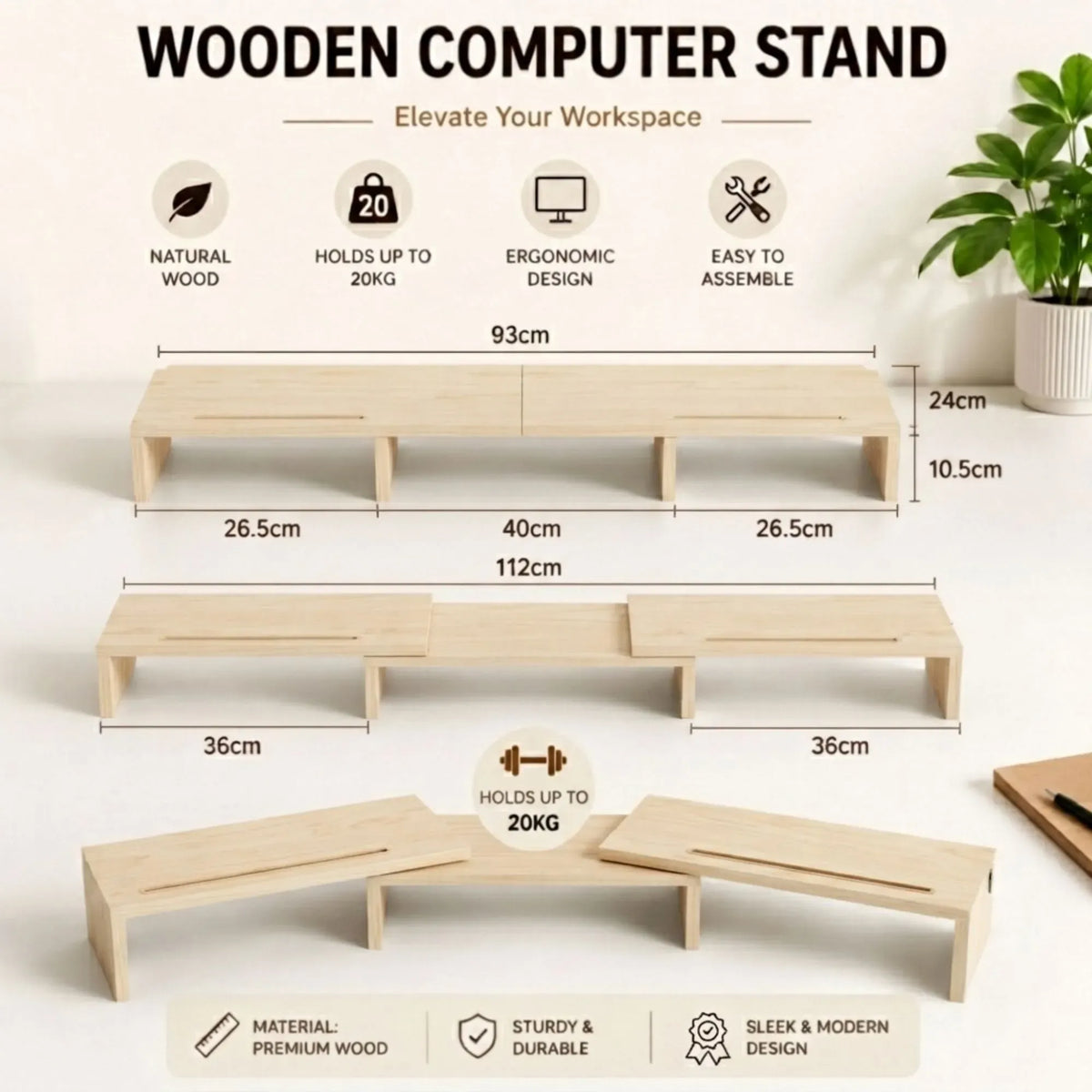 Dual Monitor Stand Riser Adjustable Length and Angle - Light Brown