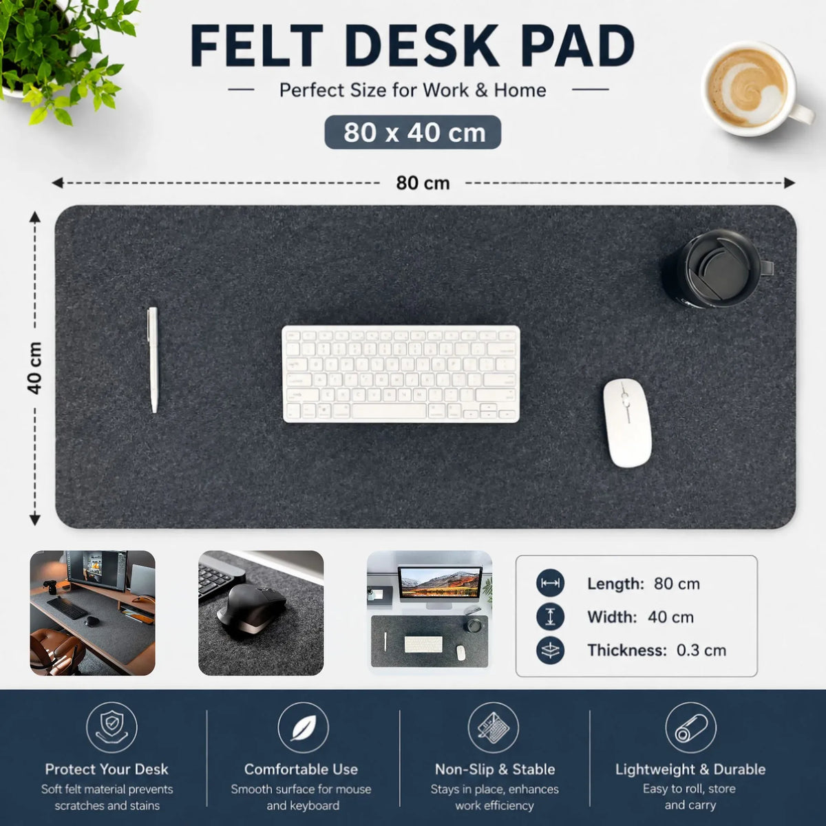 Large Felt Desk Mat 80x40cm Cotton Linen Fabric Mouse Pad - Grey