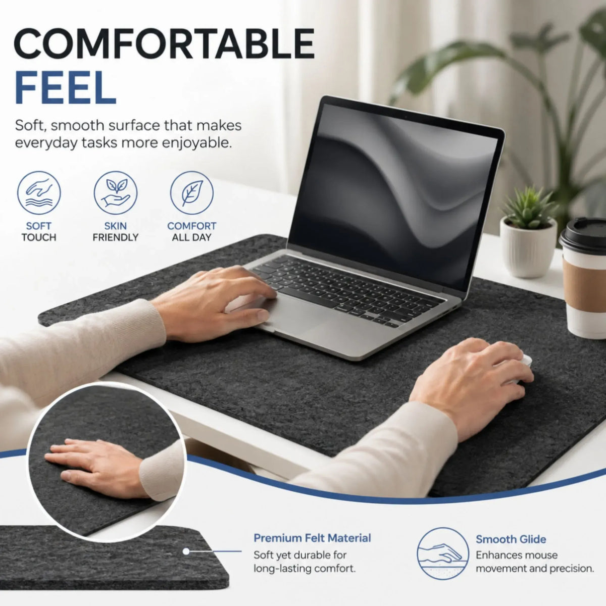 Large Felt Desk Mat 80x40cm Cotton Linen Fabric Mouse Pad - Grey