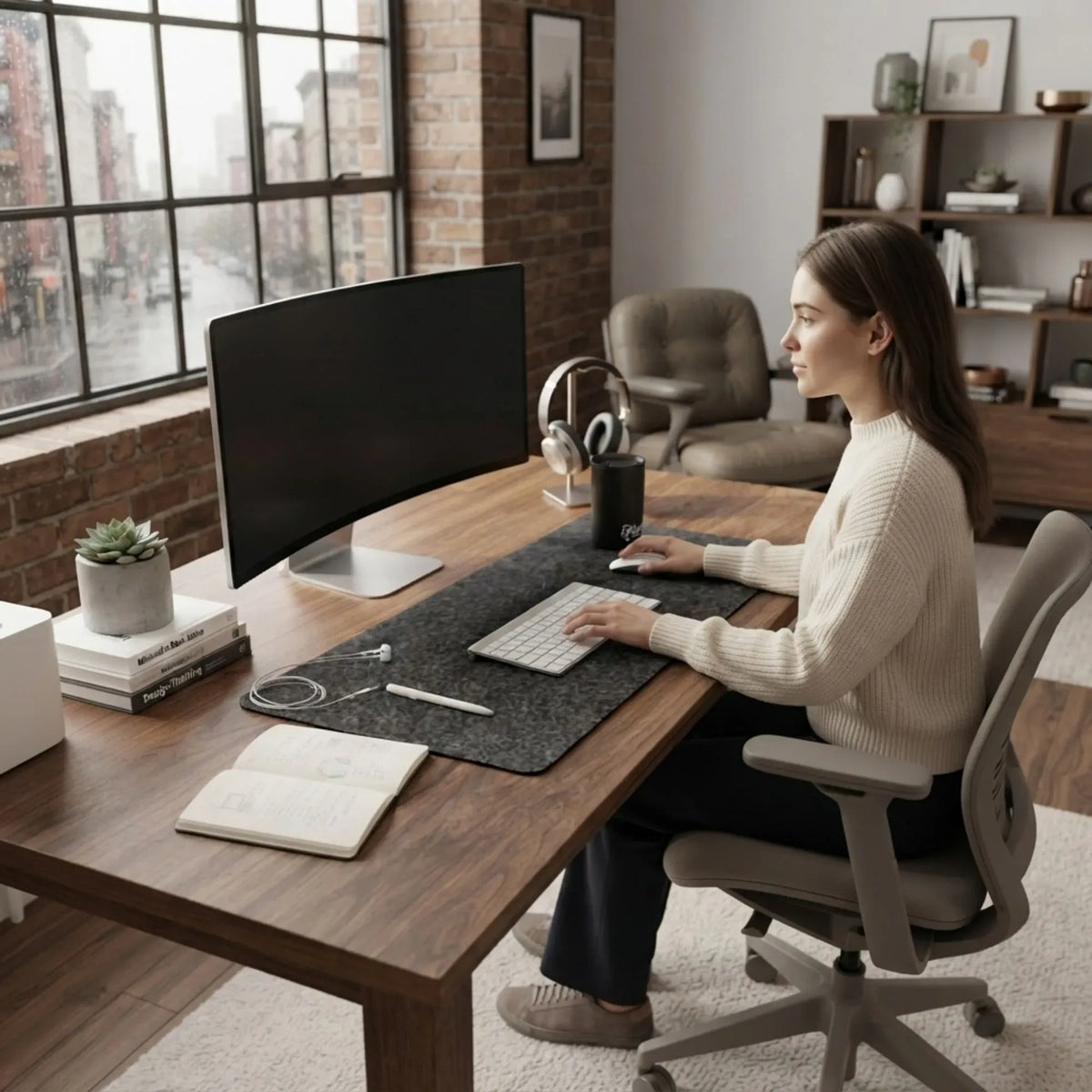 Large Felt Desk Mat 80x40cm Cotton Linen Fabric Mouse Pad - Grey