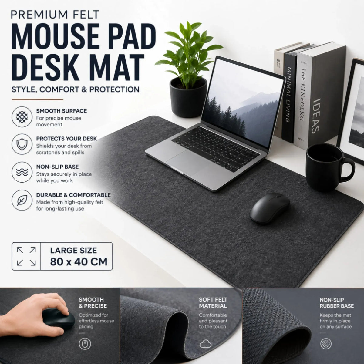 Large Felt Desk Mat 80x40cm Cotton Linen Fabric Mouse Pad - Grey