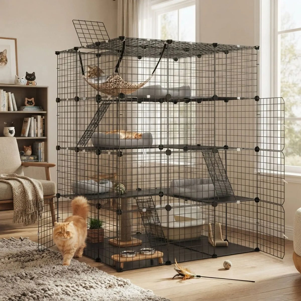 Large 4 Tier Cat Cage DIY Enclosure Pet Playpen Kennel - Black