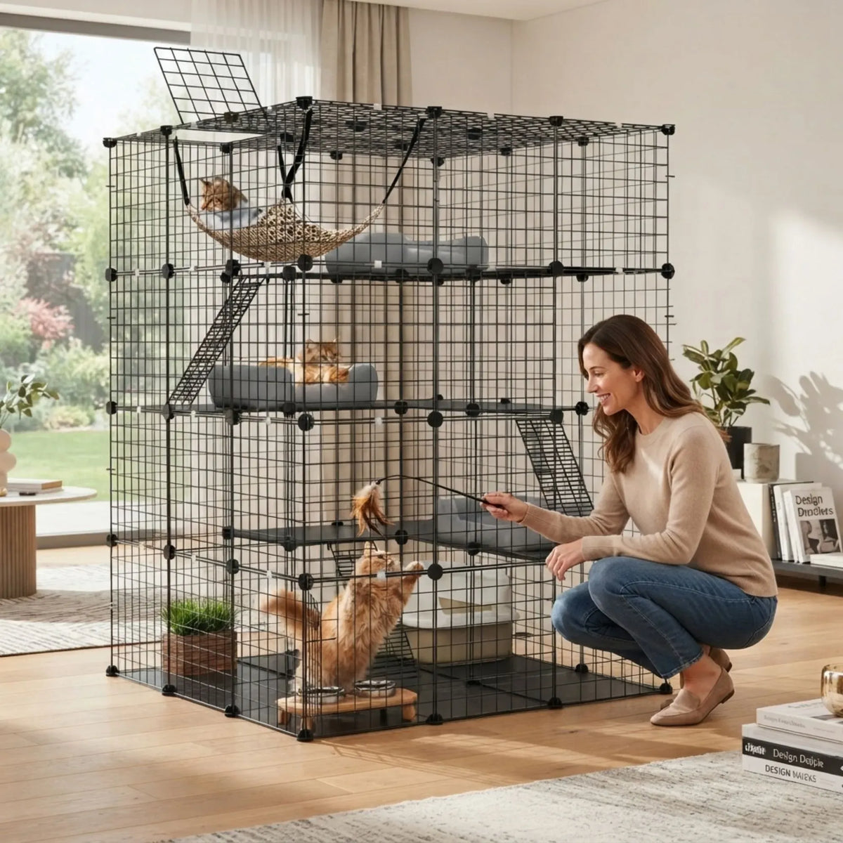 Large 4 Tier Cat Cage DIY Enclosure Pet Playpen Kennel - Black