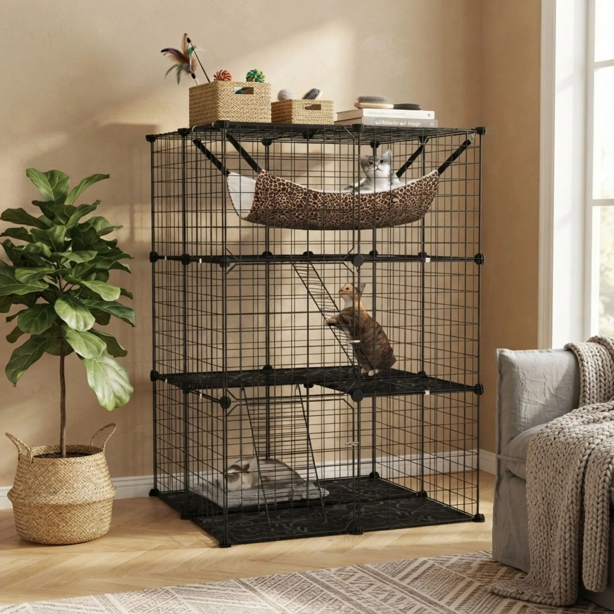 Large 3 Tier Cat Cage DIY Enclosure Playpen with Hammock - Black