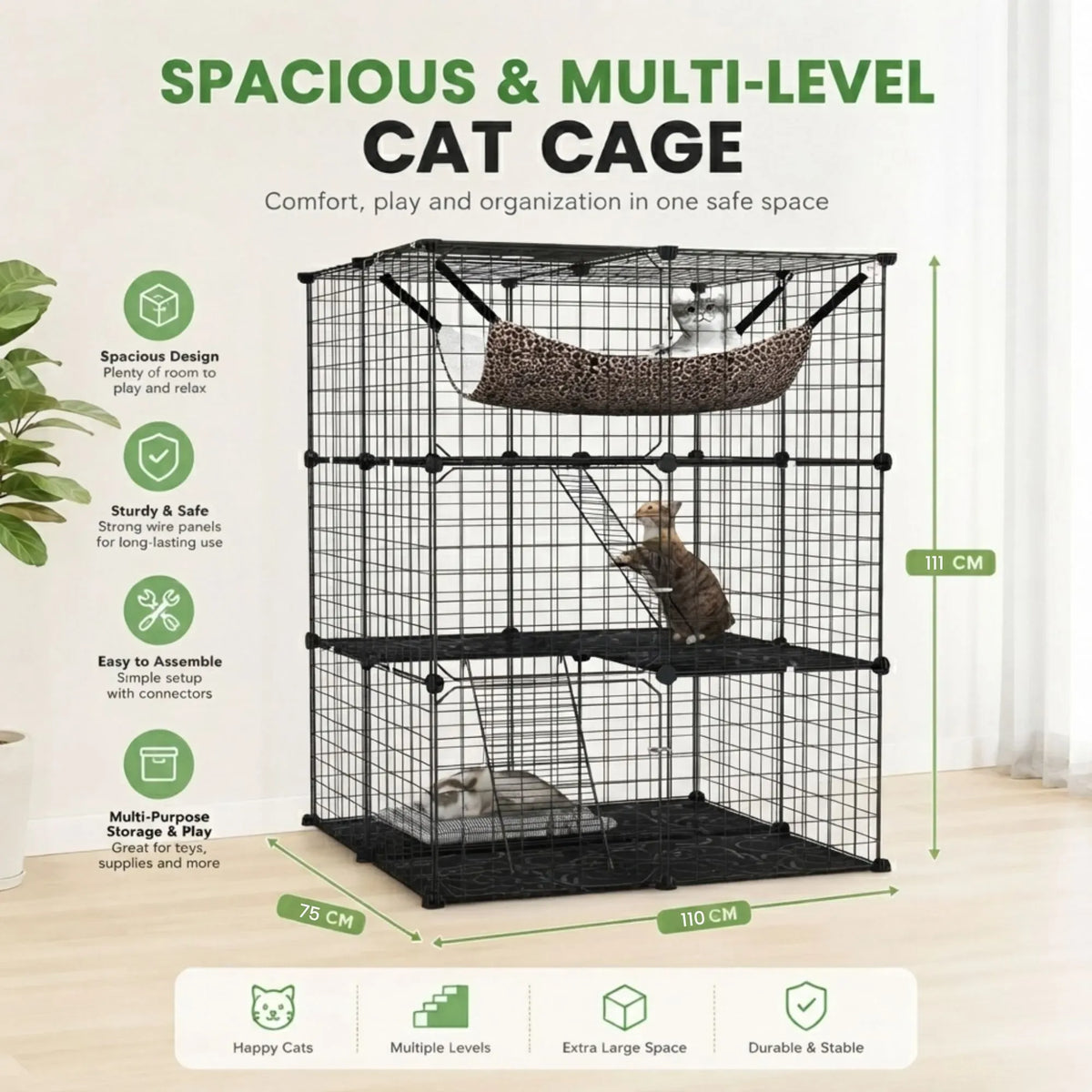 Large 3 Tier Cat Cage DIY Enclosure Playpen with Hammock - Black