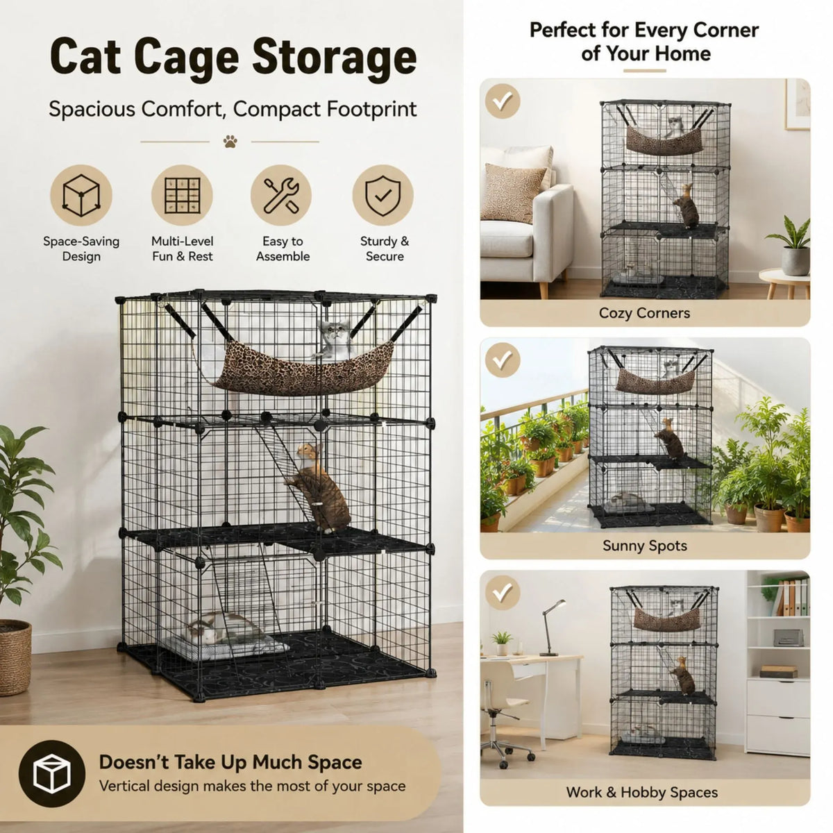 Large 3 Tier Cat Cage DIY Enclosure Playpen with Hammock - Black