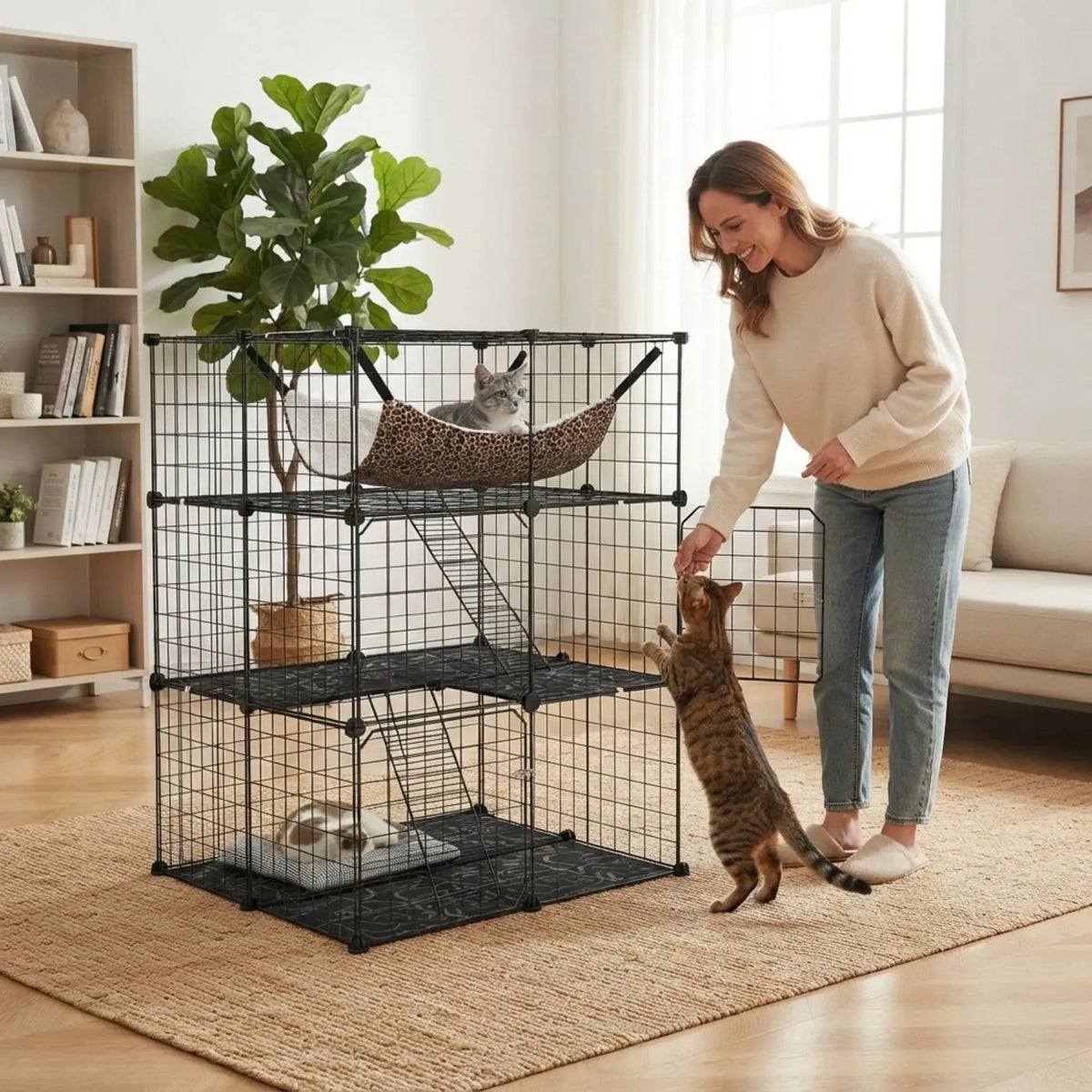 Large 3 Tier Cat Cage DIY Enclosure Playpen with Hammock - Black