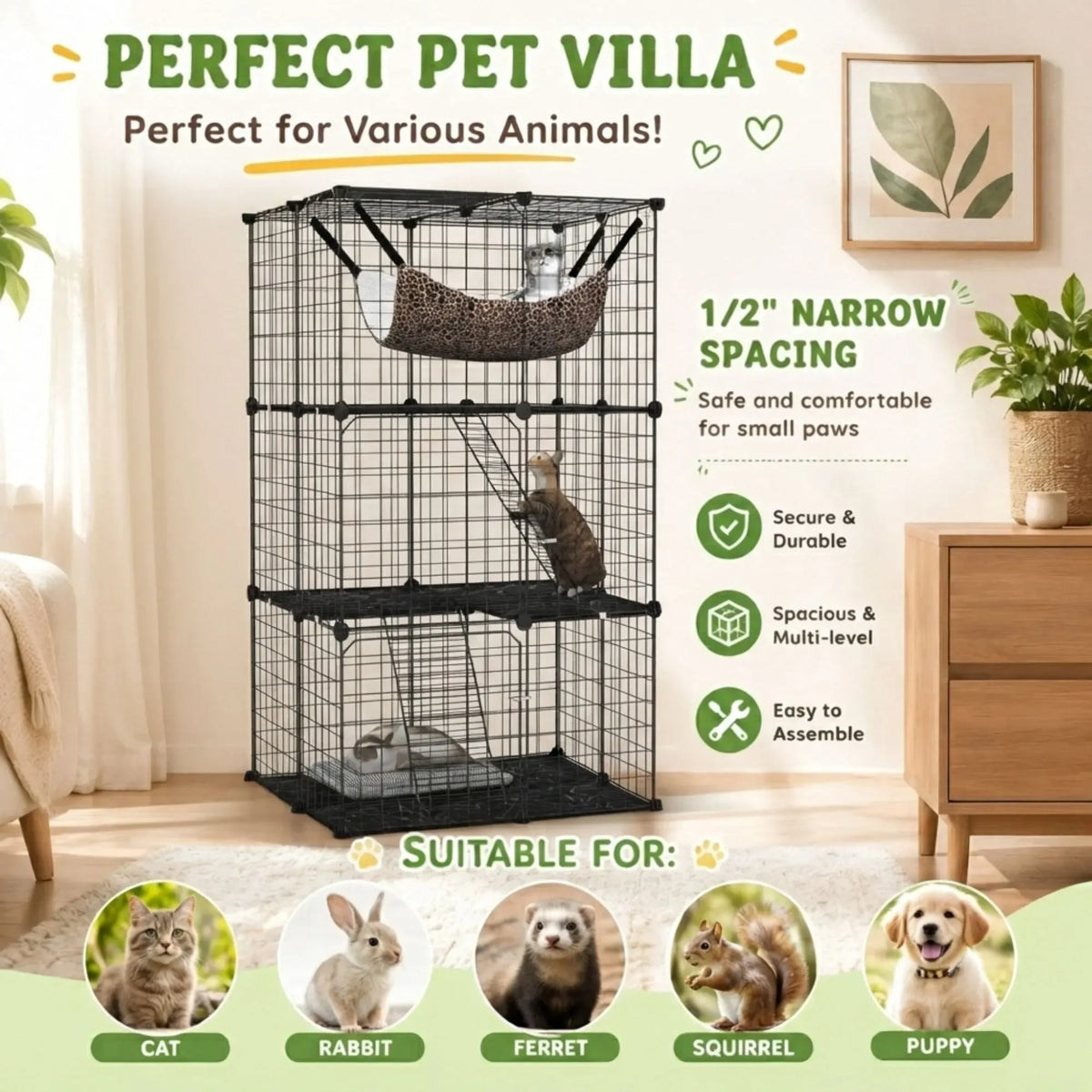 Large 3 Tier Cat Cage DIY Enclosure Playpen with Hammock - Black