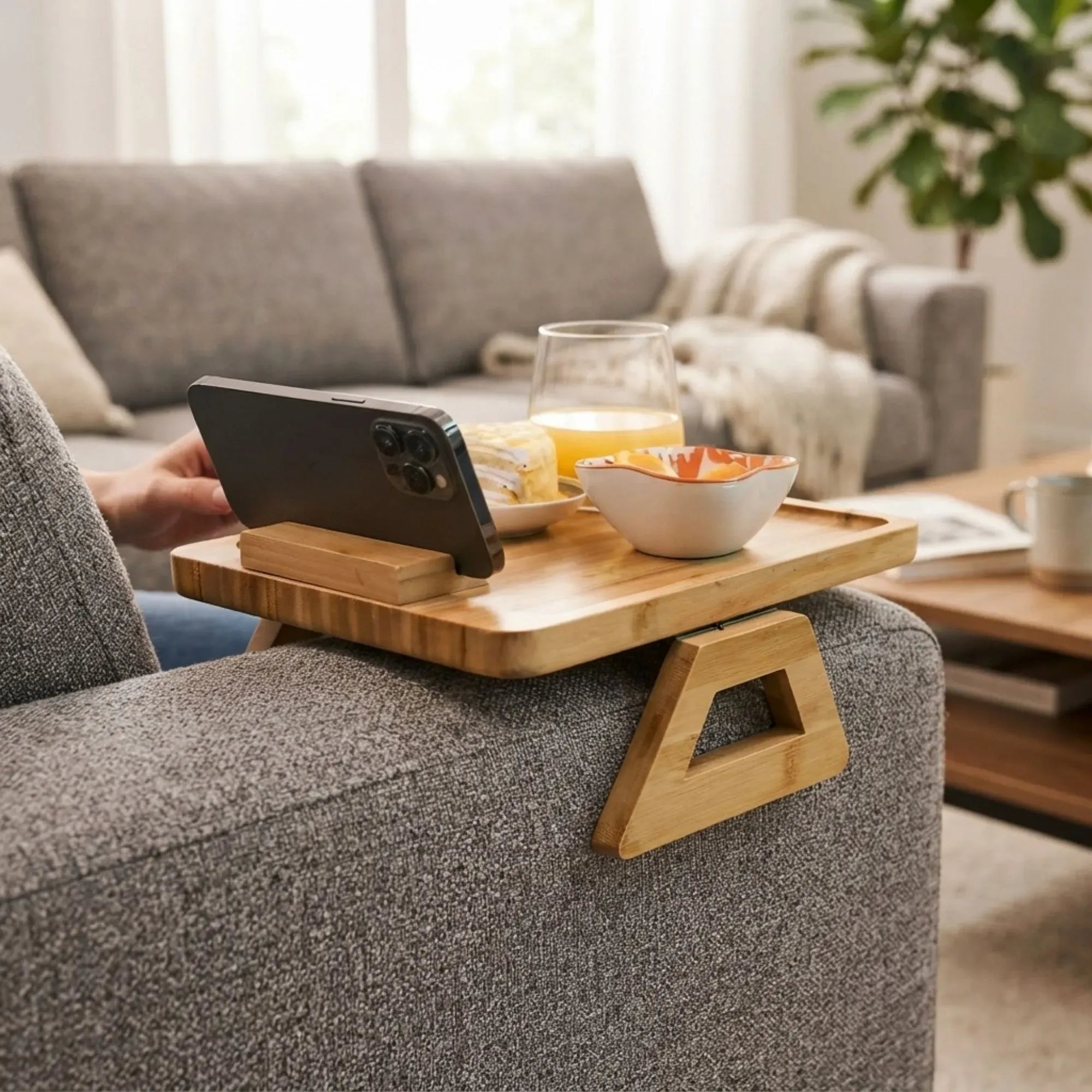 Bamboo Sofa Arm Tray with 360° Rotating Phone Holder and Cup Recess - Natural