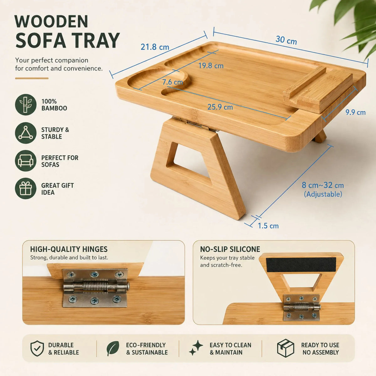 Bamboo Sofa Arm Tray with 360° Rotating Phone Holder and Cup Recess - Natural