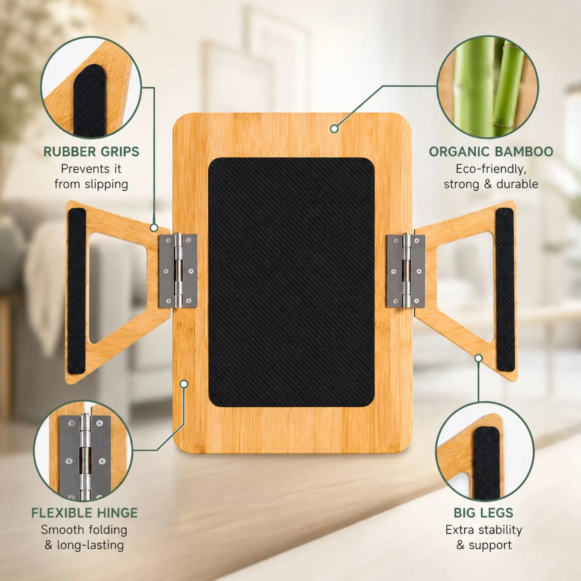 Bamboo Sofa Arm Tray with 360° Rotating Phone Holder and Cup Recess - Natural