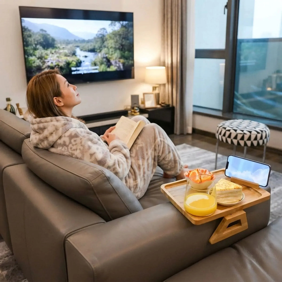 Bamboo Sofa Arm Tray with 360° Rotating Phone Holder and Cup Recess - Natural