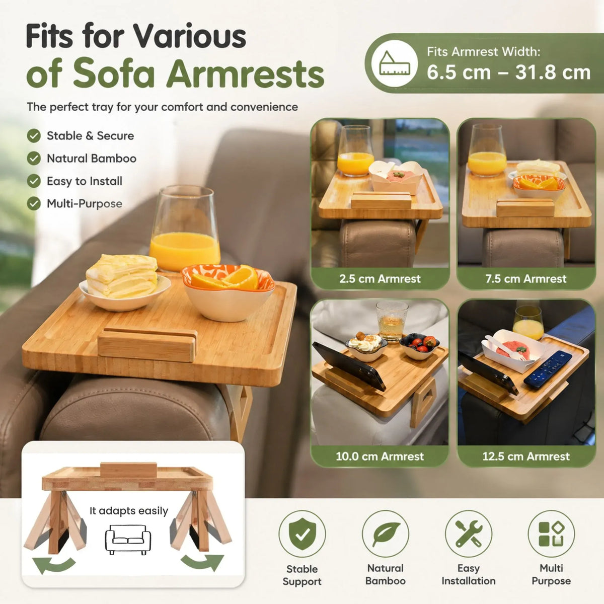Bamboo Sofa Arm Tray with 360° Rotating Phone Holder and Cup Recess - Natural