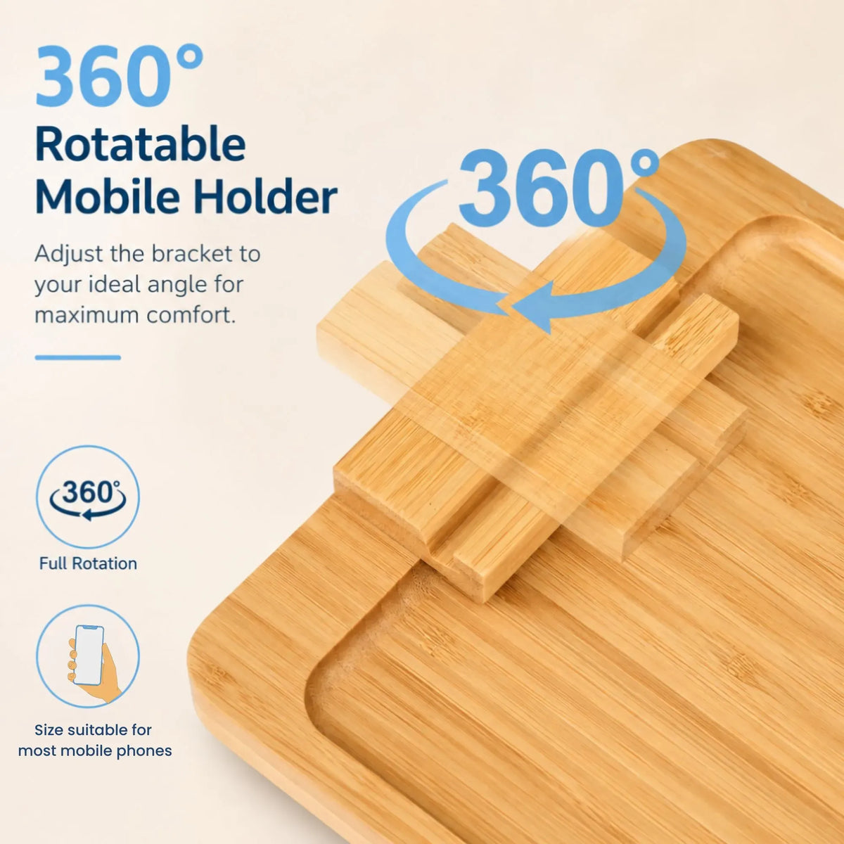 Bamboo Sofa Arm Tray with 360° Rotating Phone Holder and Cup Recess - Natural