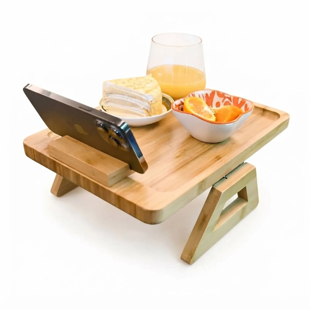 Bamboo Sofa Arm Tray with 360° Rotating Phone Holder and Cup Recess - Natural