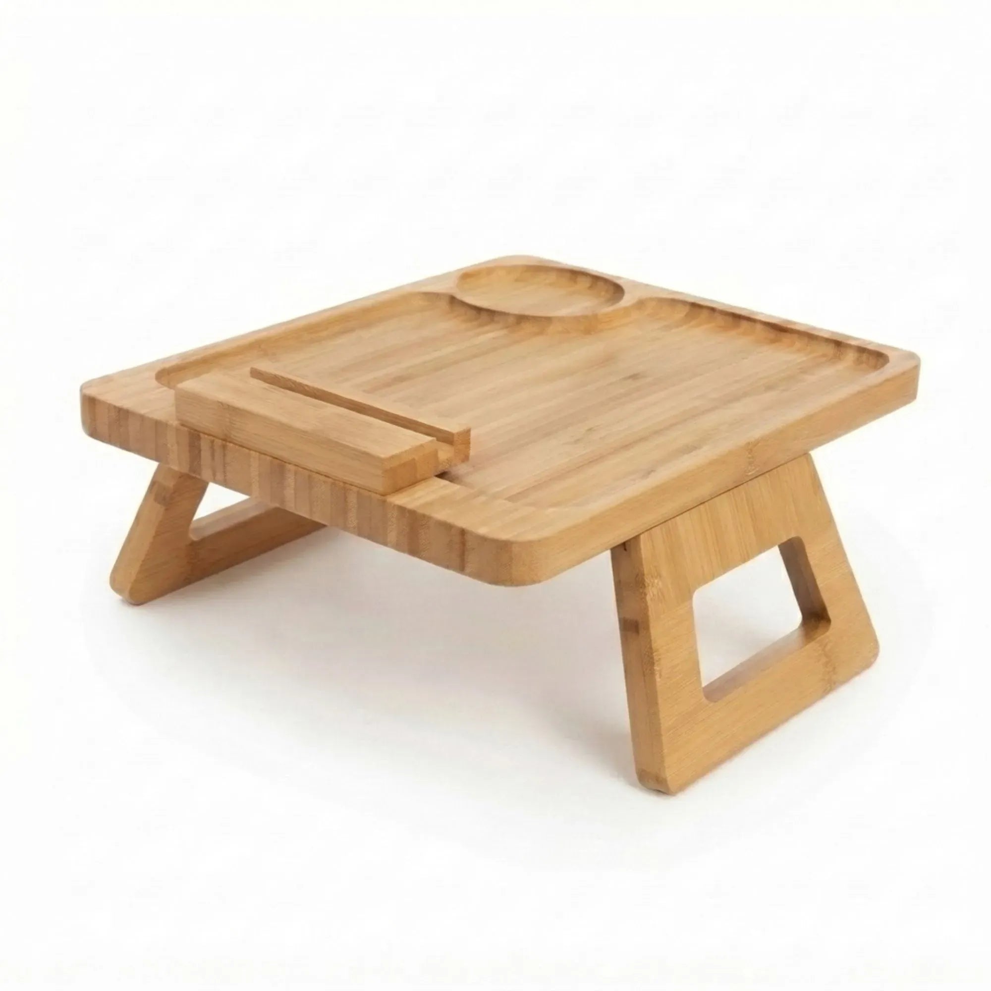 Bamboo Sofa Arm Tray with 360° Rotating Phone Holder and Cup Recess - Natural