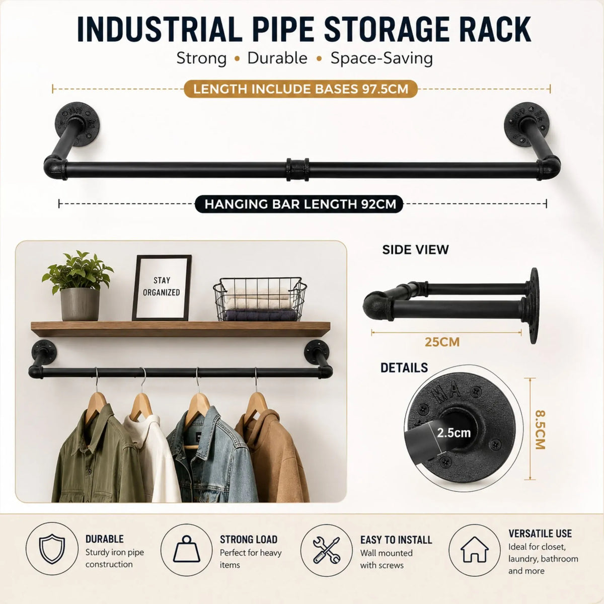 Industrial Pipe Wall Clothes Rack 92cm Bar - Black