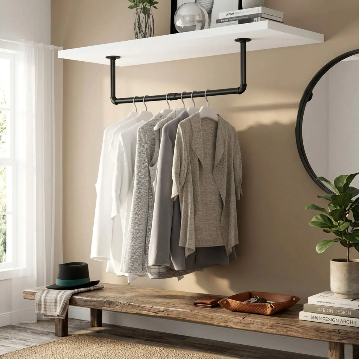 Industrial Pipe Wall Clothes Rack 92cm Bar - Black