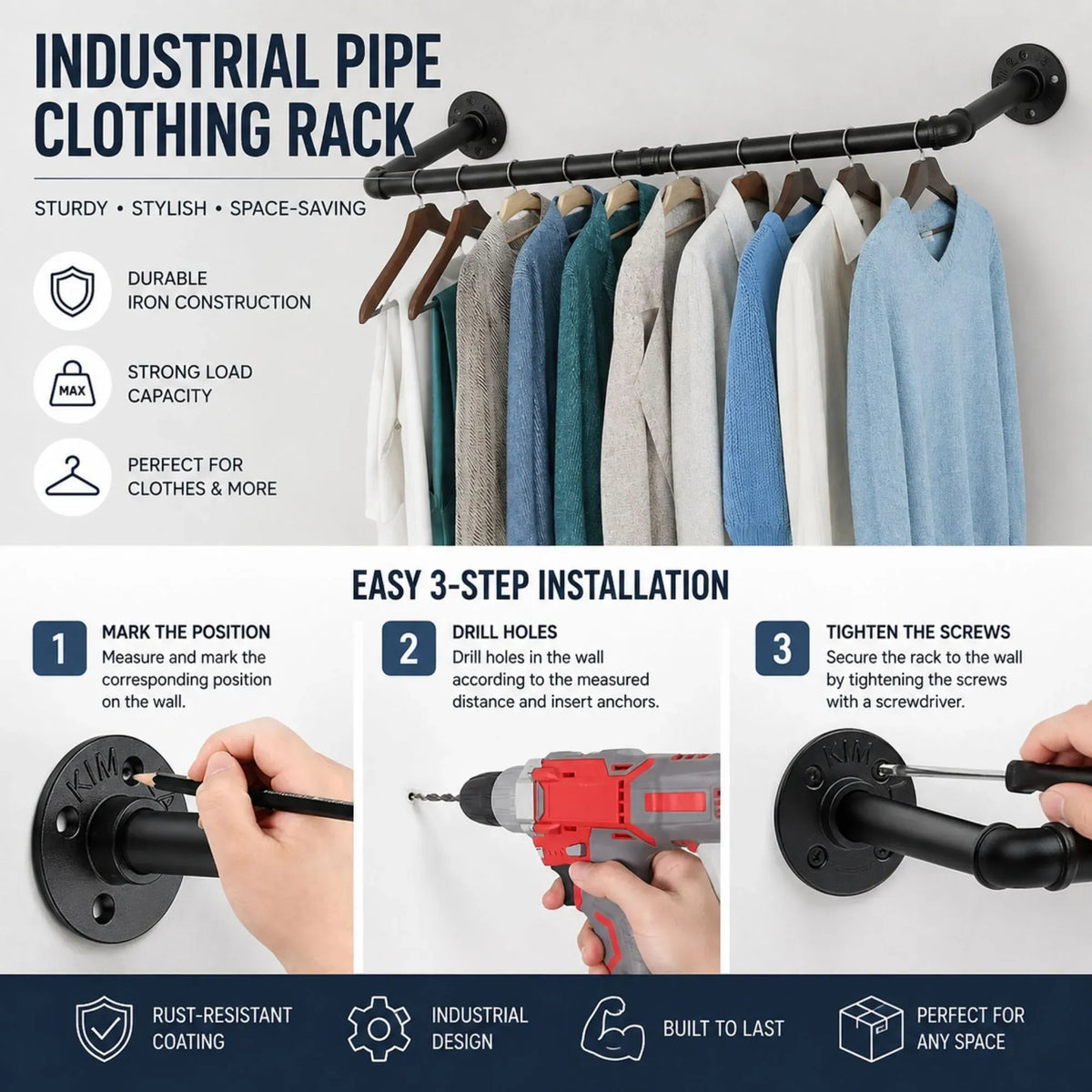 Industrial Pipe Wall Clothes Rack 92cm Bar - Black