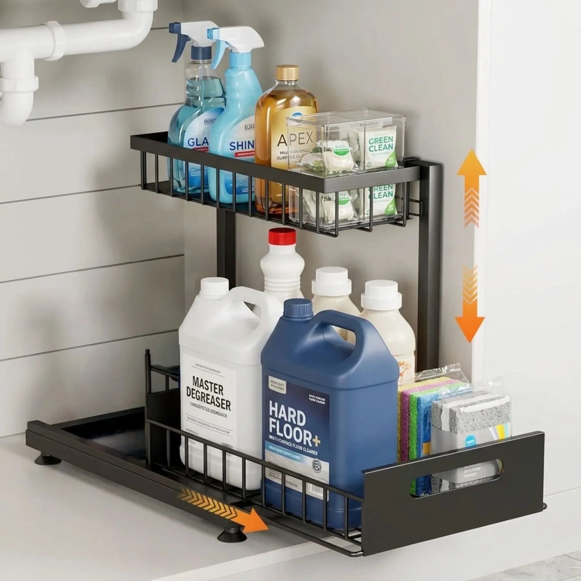 2 Tier Adjustable Under Sink Organiser with Sliding Drawer - Black
