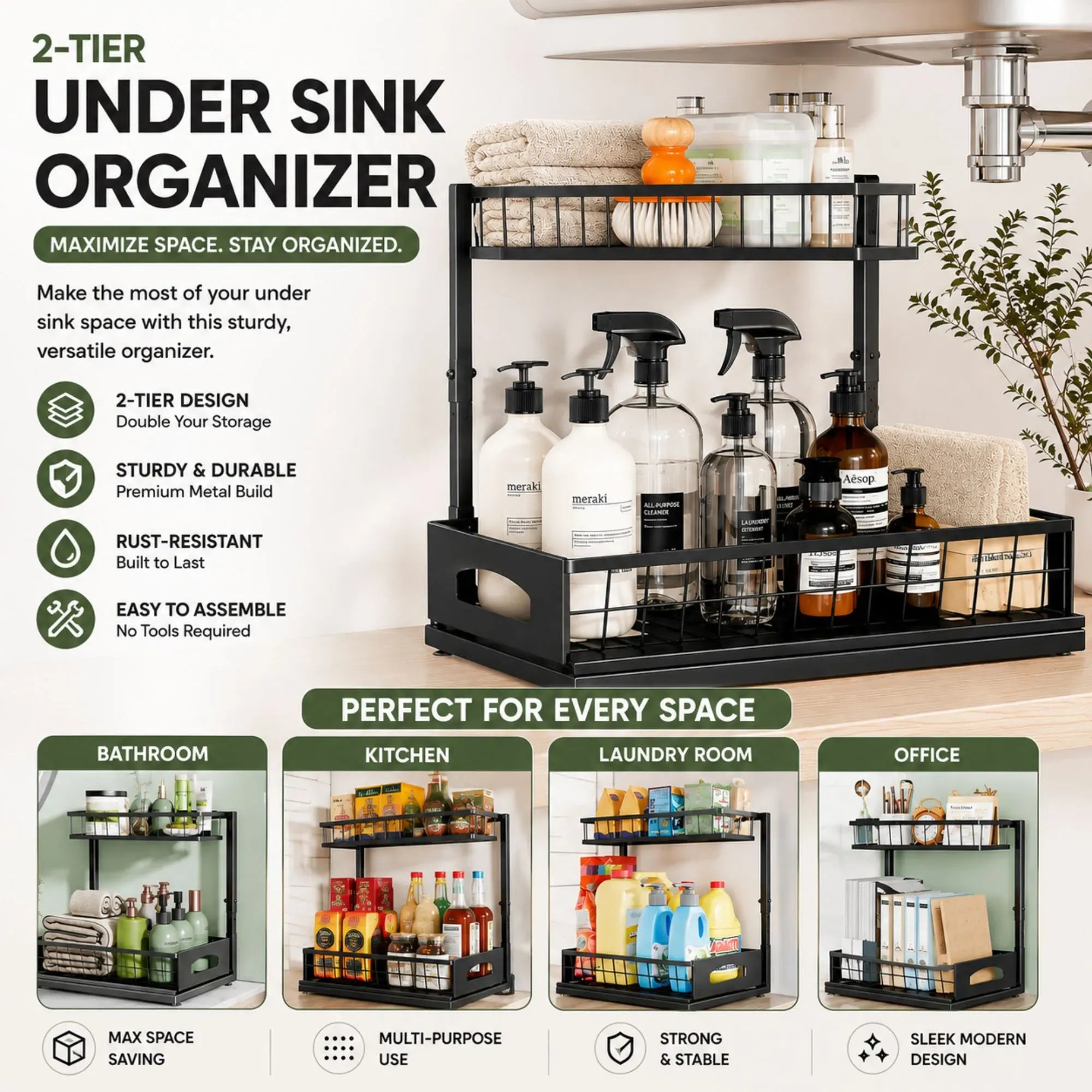 2 Tier Adjustable Under Sink Organiser with Sliding Drawer - Black