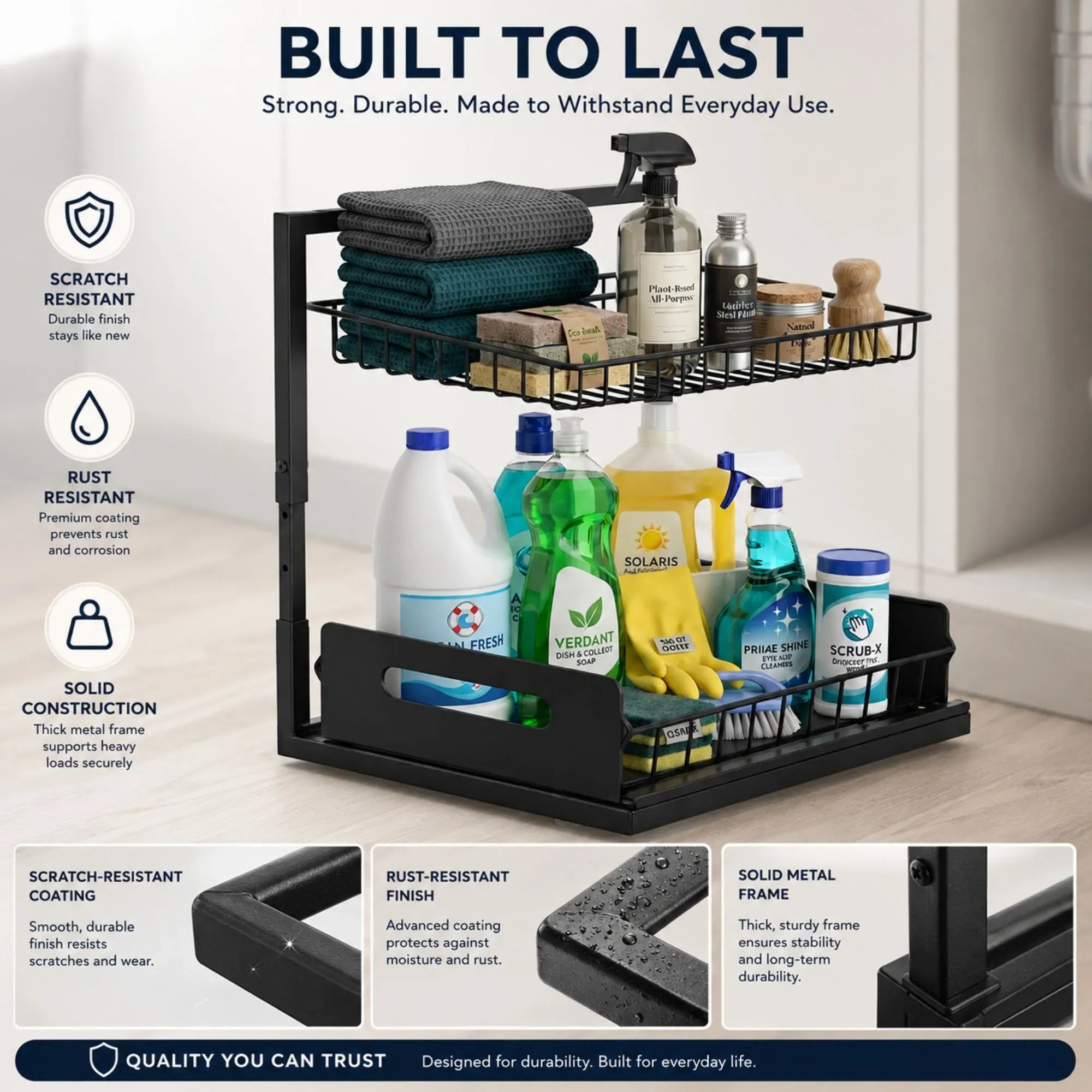 2 Tier Adjustable Under Sink Organiser with Sliding Drawer - Black