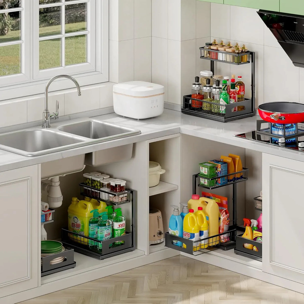 2 Tier Adjustable Under Sink Organiser with Sliding Drawer - Black