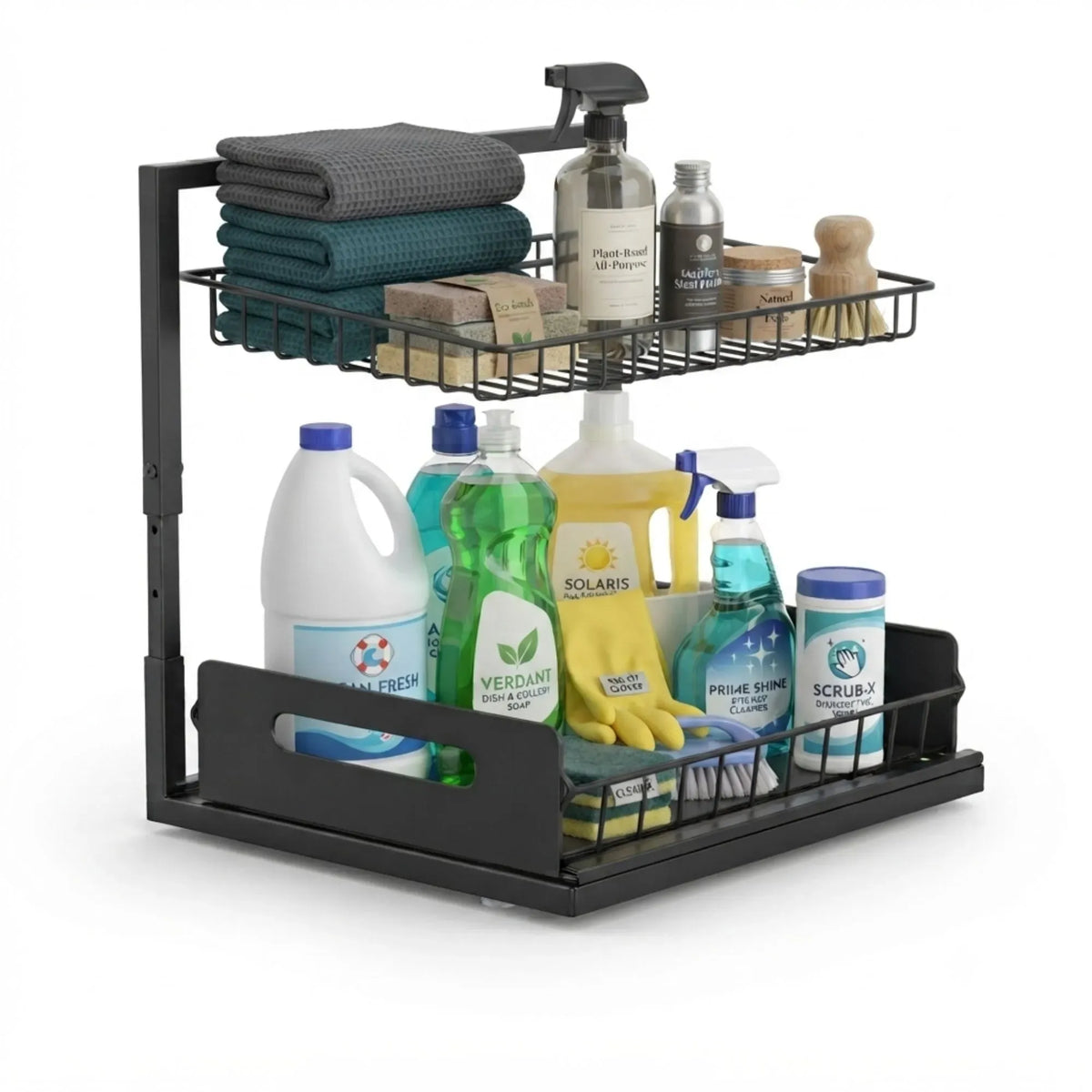 2 Tier Adjustable Under Sink Organiser with Sliding Drawer - Black