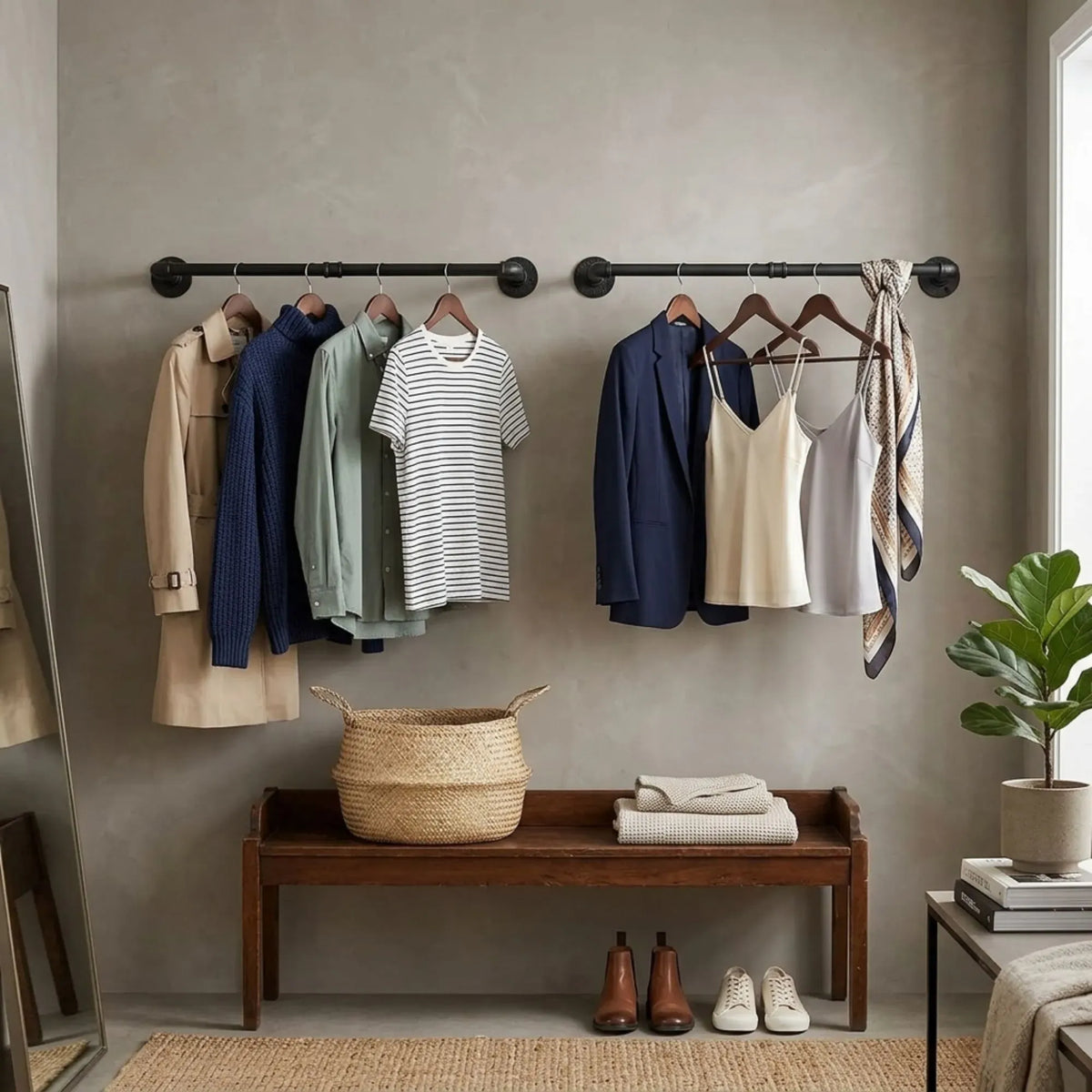 2-Pack Wall Mounted Industrial Pipe Clothes Rack - Black