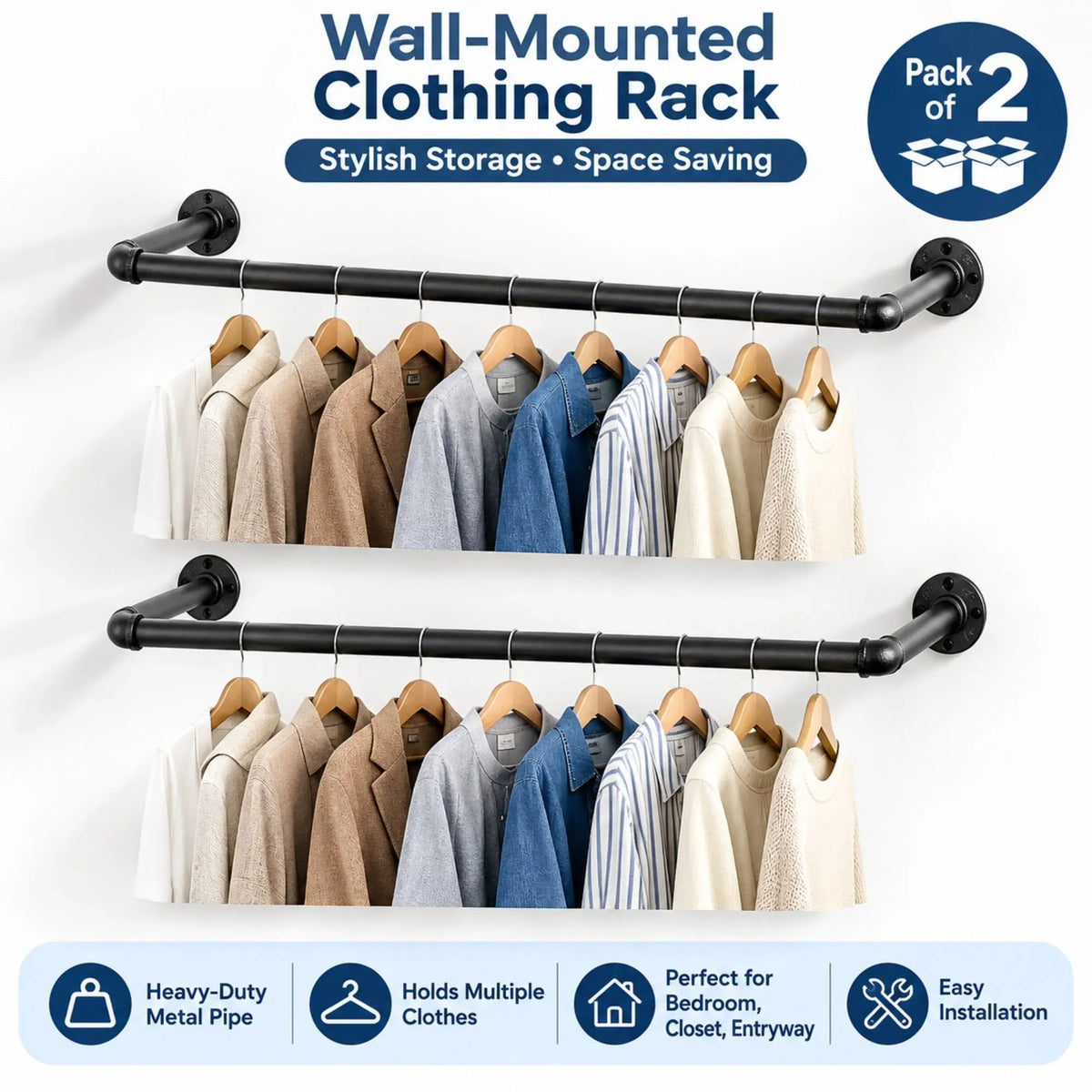 2-Pack Wall Mounted Industrial Pipe Clothes Rack - Black