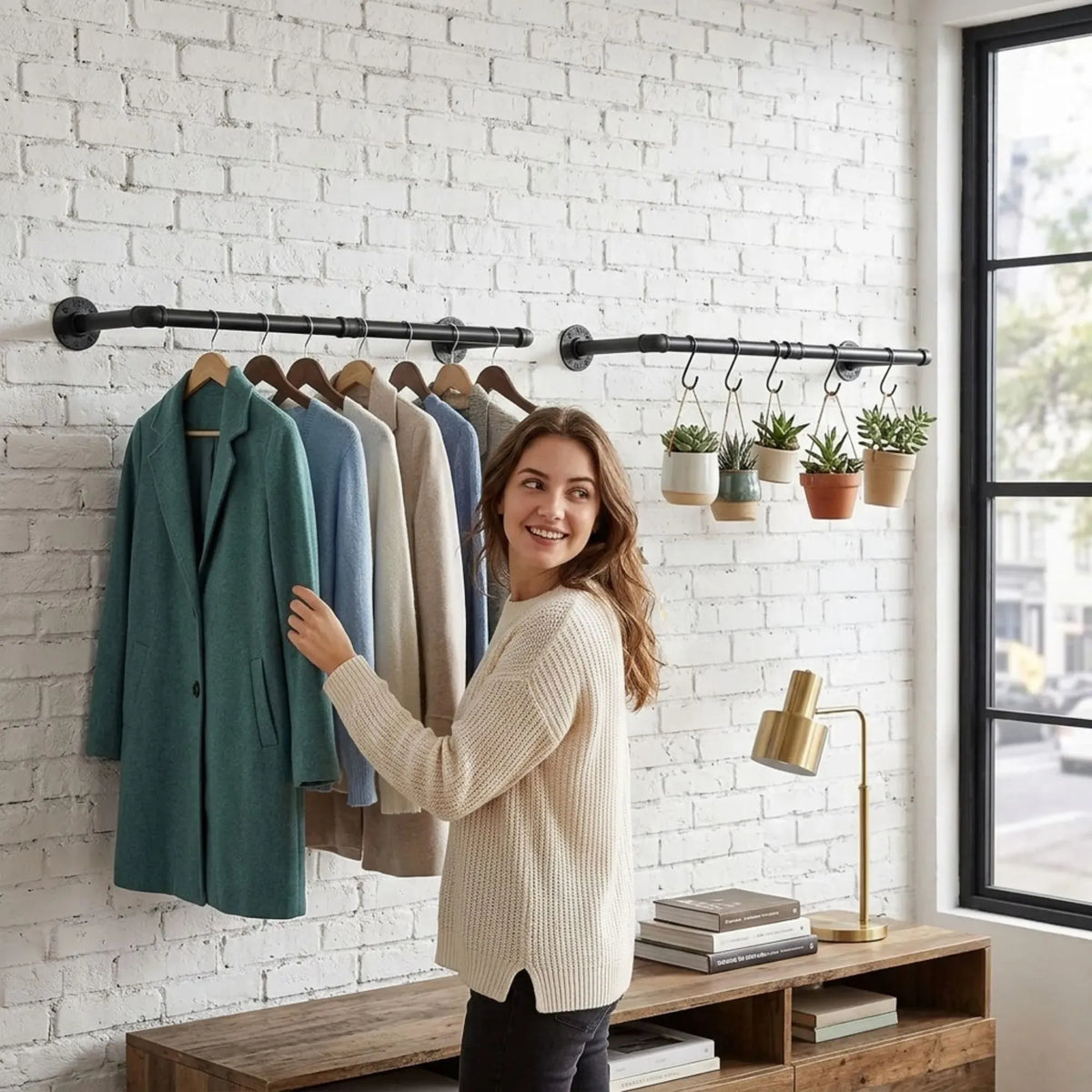 2-Pack Wall Mounted Industrial Pipe Clothes Rack - Black
