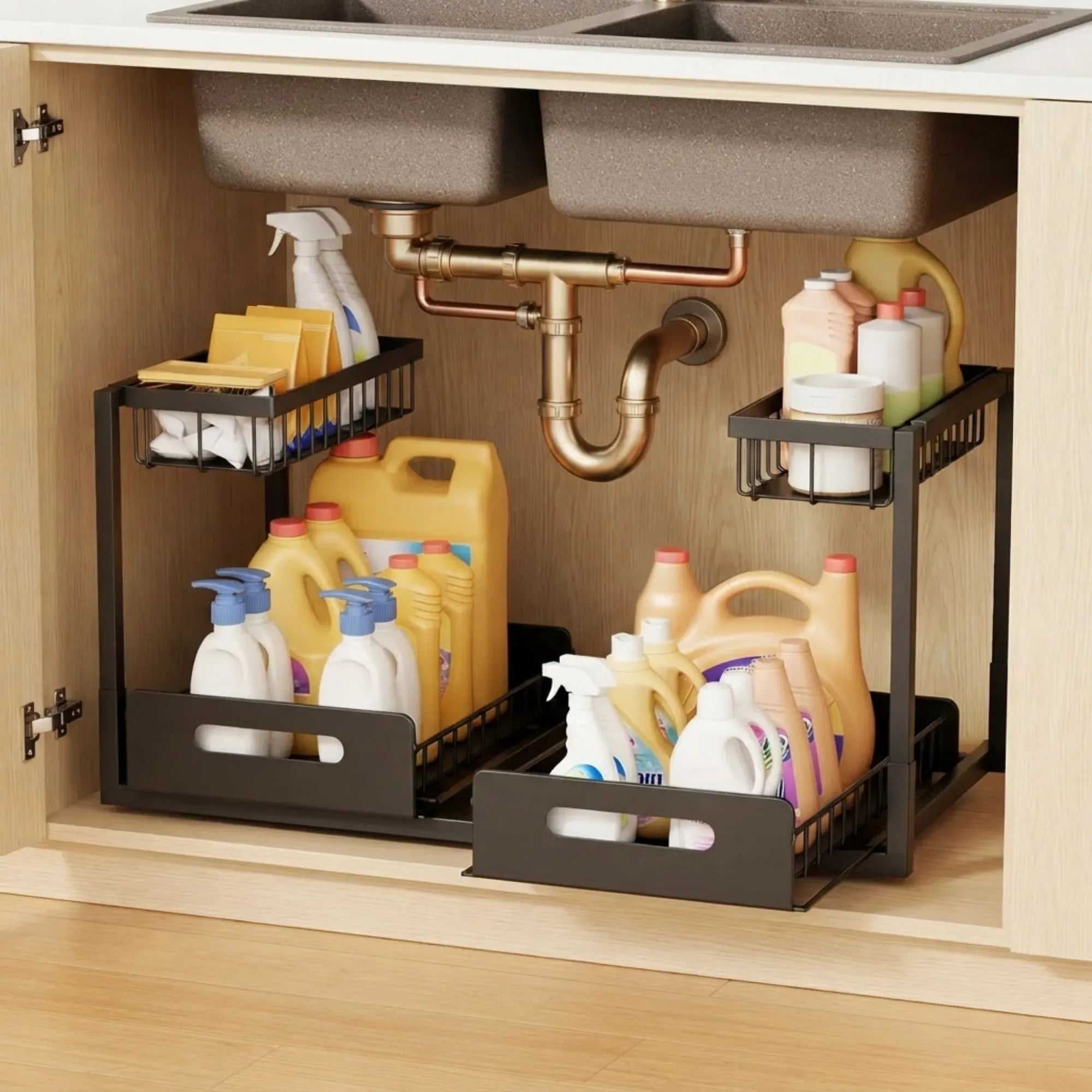 Under Sink Organiser 2-Pack with Sliding Drawer and Adjustable Shelves - Black