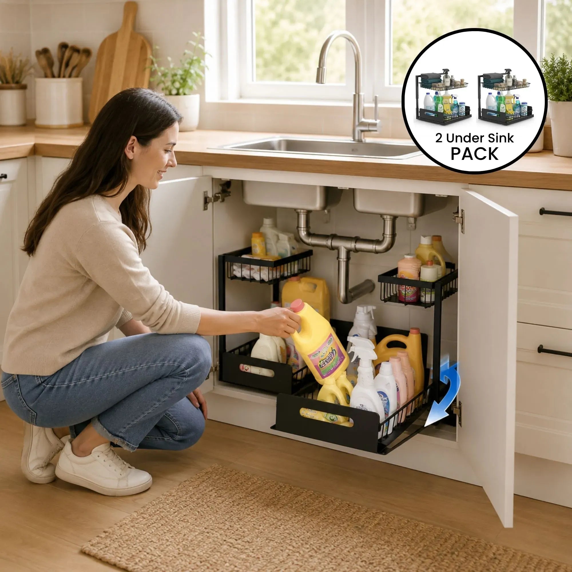 Under Sink Organiser 2-Pack with Sliding Drawer and Adjustable Shelves - Black