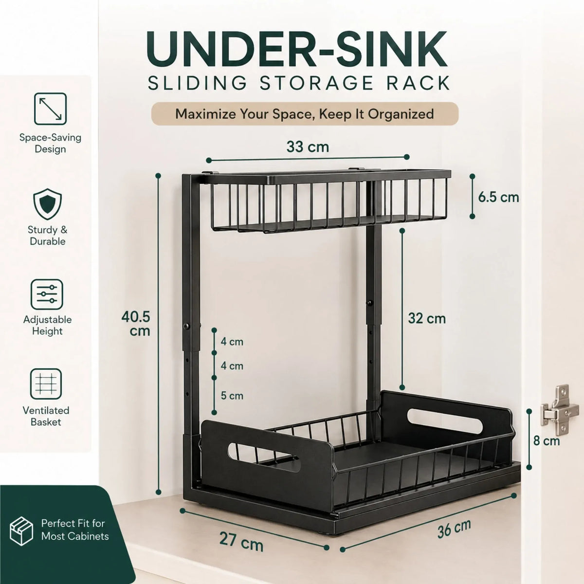 Under Sink Organiser 2-Pack with Sliding Drawer and Adjustable Shelves - Black