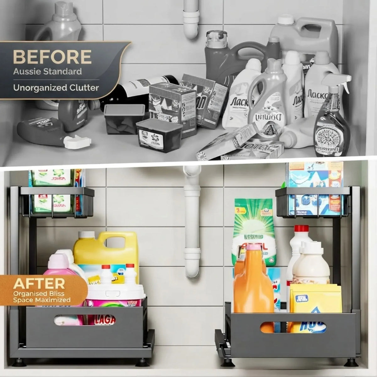Under Sink Organiser 2-Pack with Sliding Drawer and Adjustable Shelves - Black
