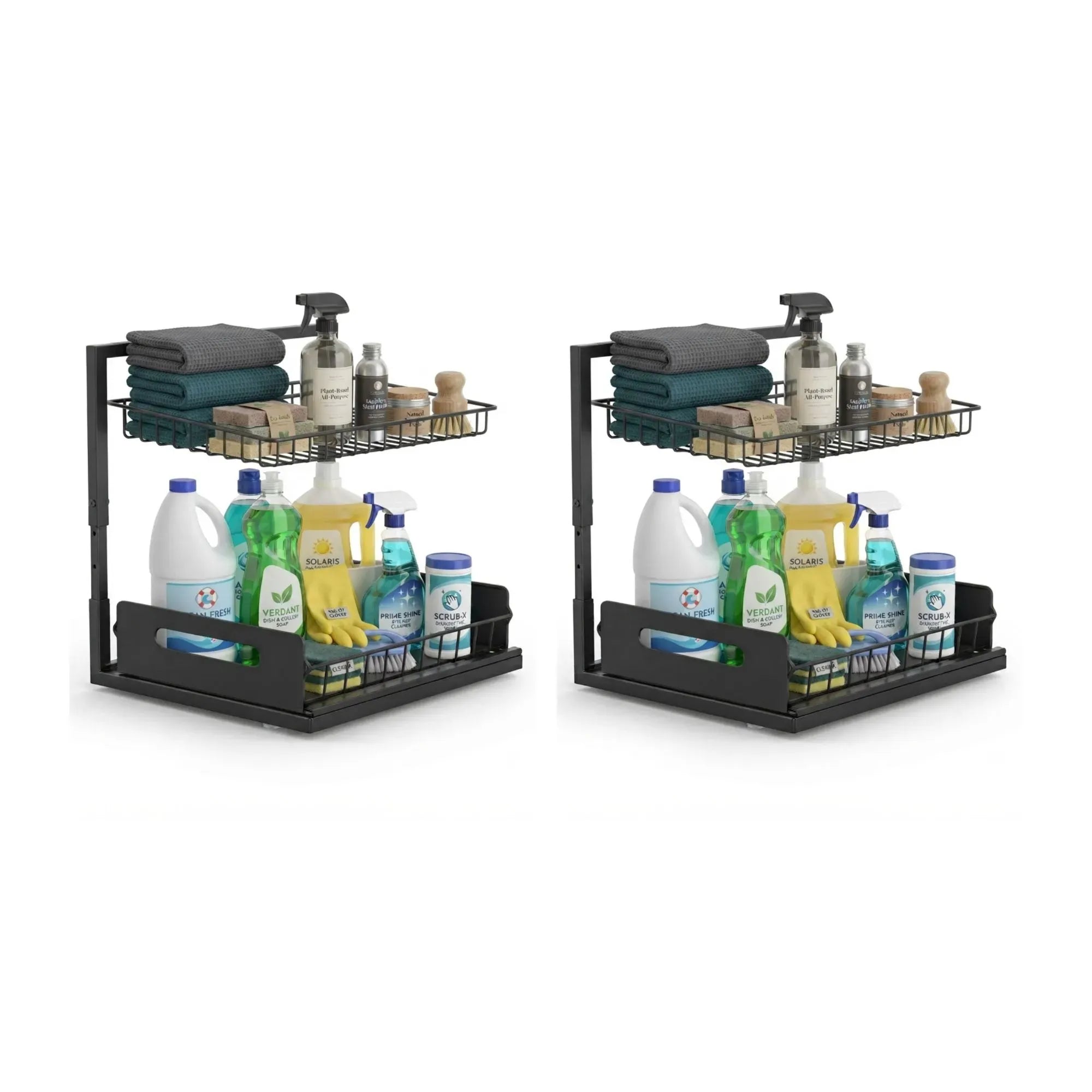 Under Sink Organiser 2-Pack with Sliding Drawer and Adjustable Shelves - Black