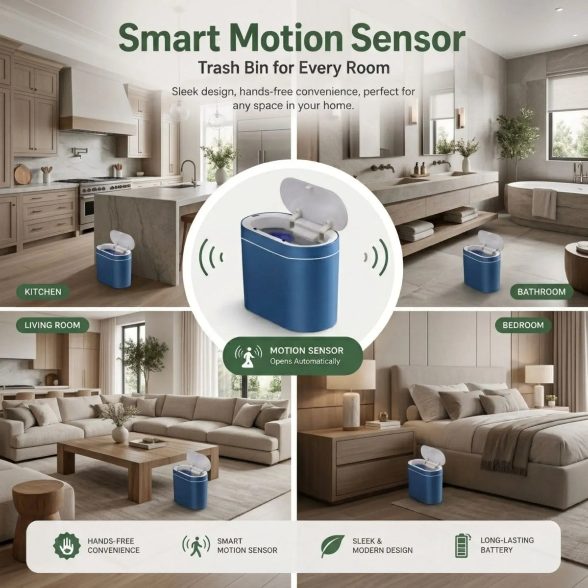 2-Pack Motion Sensor Touchless Trash Can 7L Slim Smart Bin - Blue