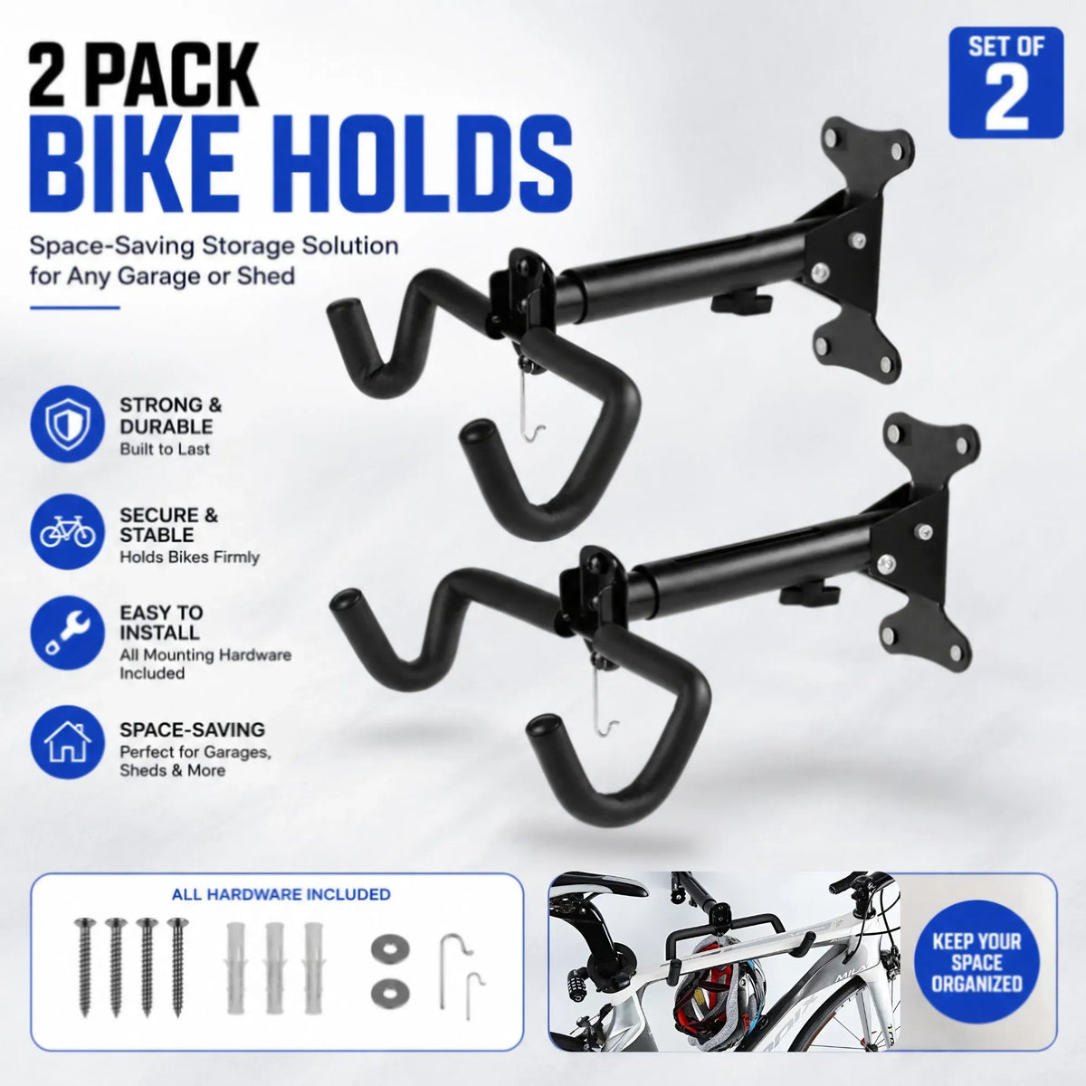 2-Pack Adjustable Bike Wall Mount Rack with Foldable Hooks - Black