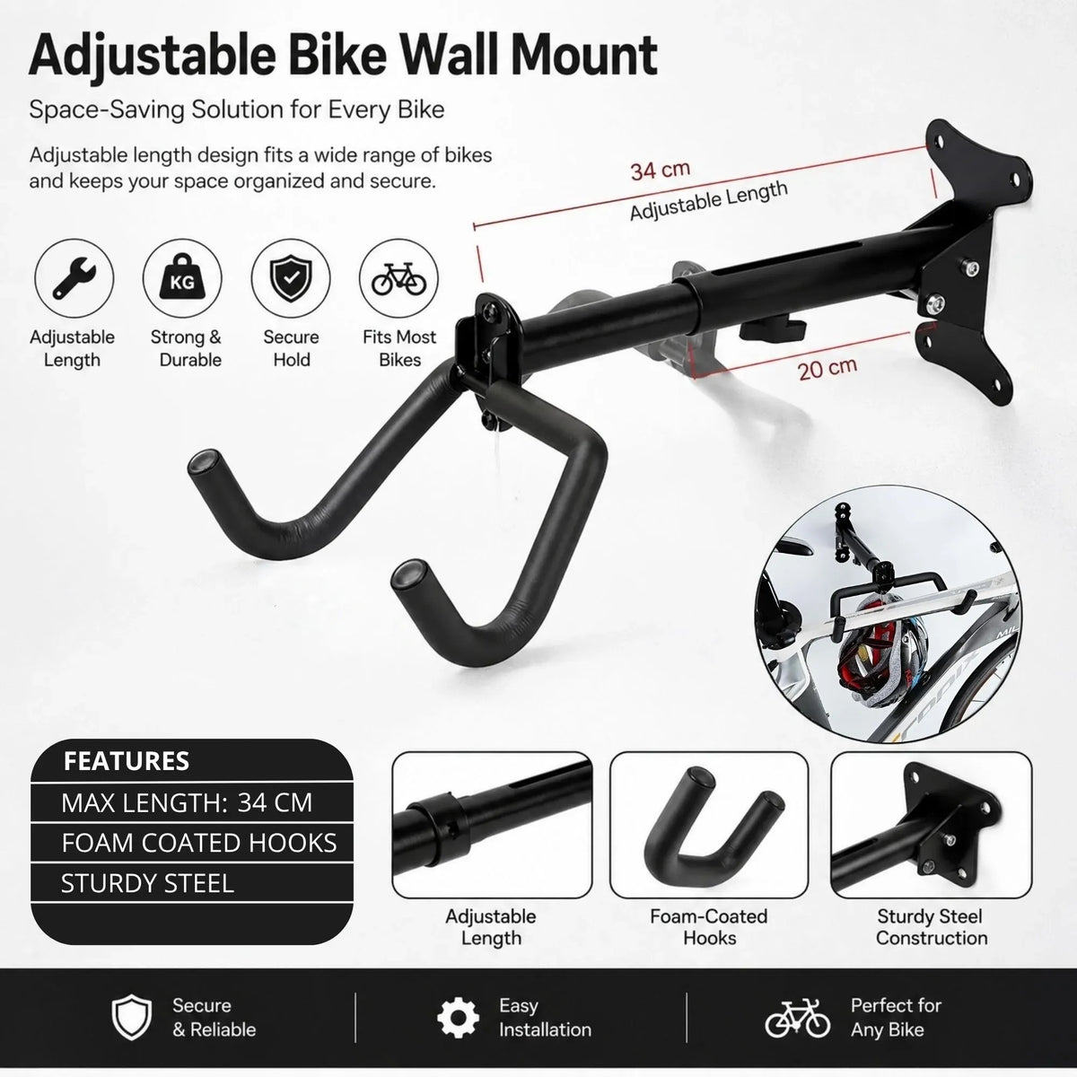 2-Pack Adjustable Bike Wall Mount Rack with Foldable Hooks - Black