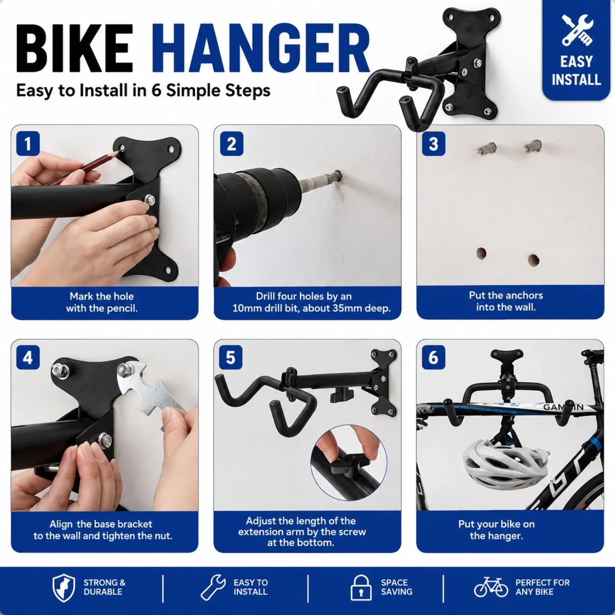 2-Pack Adjustable Bike Wall Mount Rack with Foldable Hooks - Black