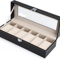 Watch Organizer Display Storage Box with 6 Slots and Glass Lid - Black PU Leather