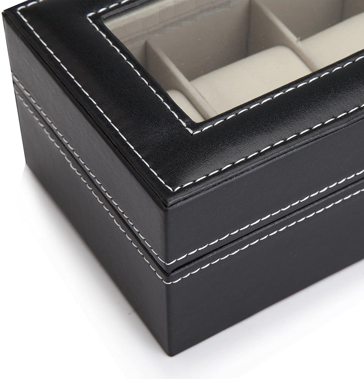 Watch Organizer Display Storage Box with 6 Slots and Glass Lid - Black PU Leather