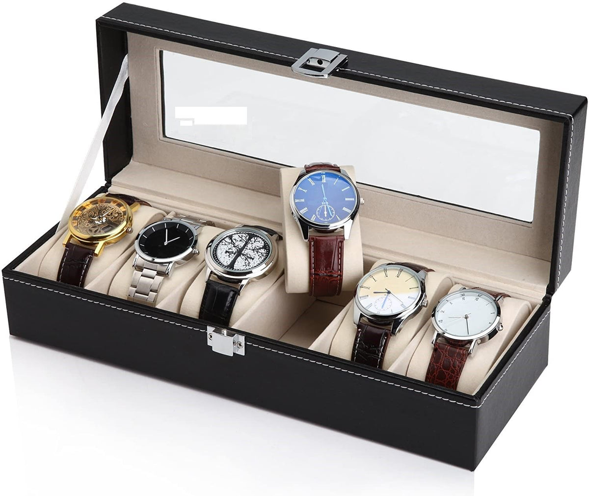 Watch Organizer Display Storage Box with 6 Slots and Glass Lid - Black PU Leather