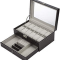 Watch Box with Drawers 12 Slots 2 Layers Jewellery Display Case - Black Leather