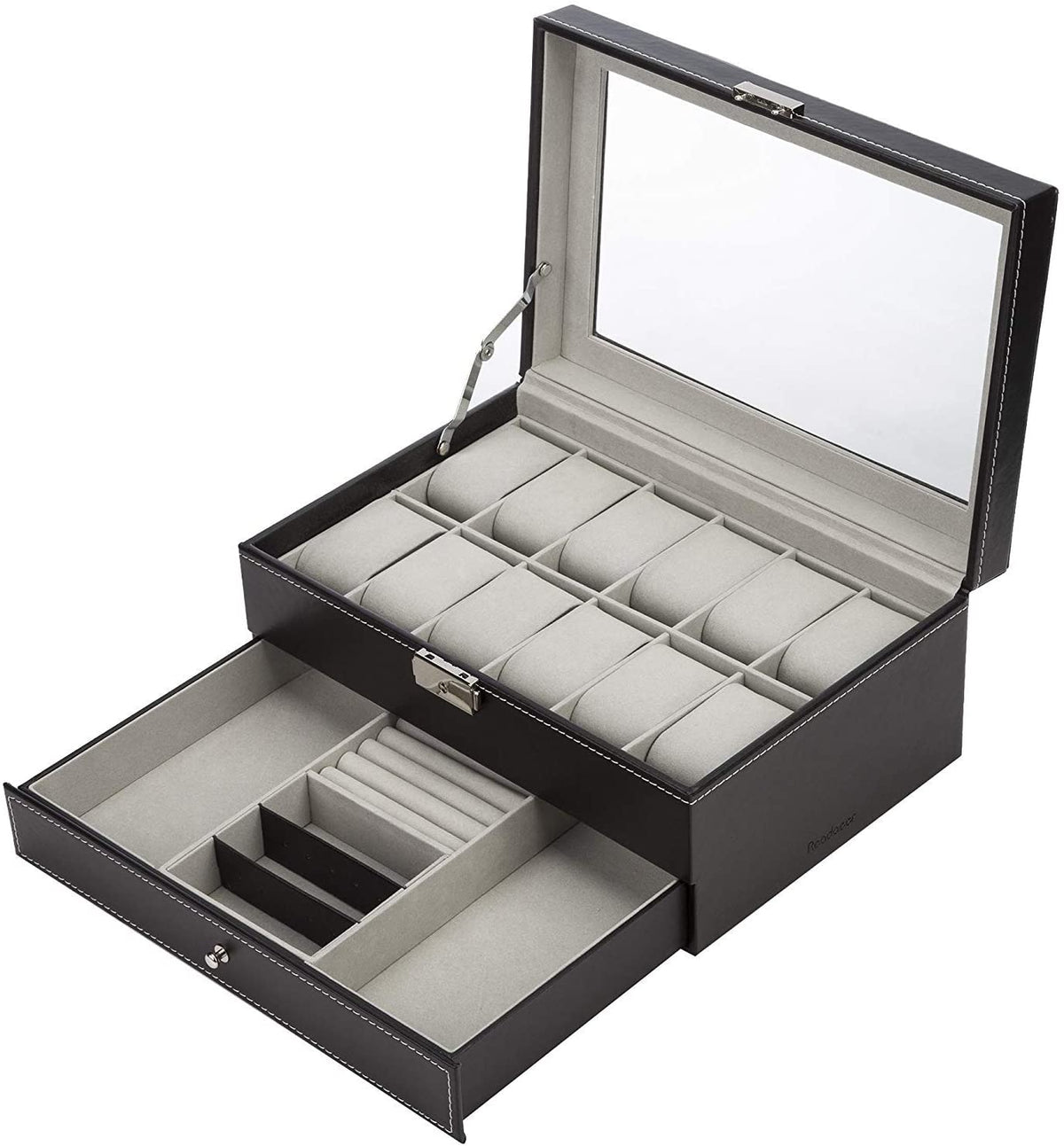Watch Box with Drawers 12 Slots 2 Layers Jewellery Display Case - Black Leather