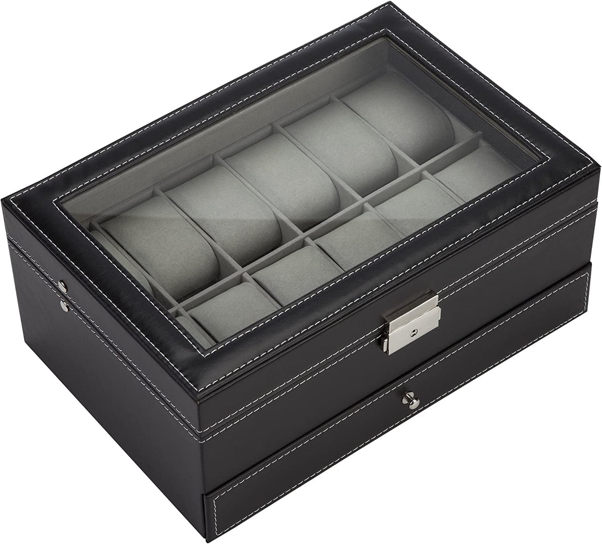 Watch Box with Drawers 12 Slots 2 Layers Jewellery Display Case - Black Leather