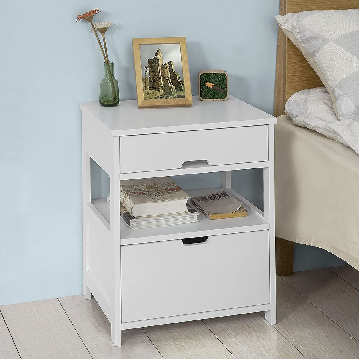 Bedside Table with 2 Drawers and Shelf - White
